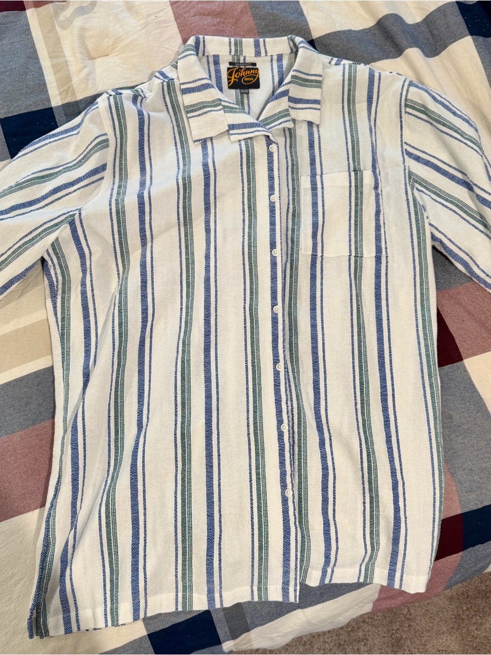 Johnny Bigg linen shirt- Blue & Green Stripes